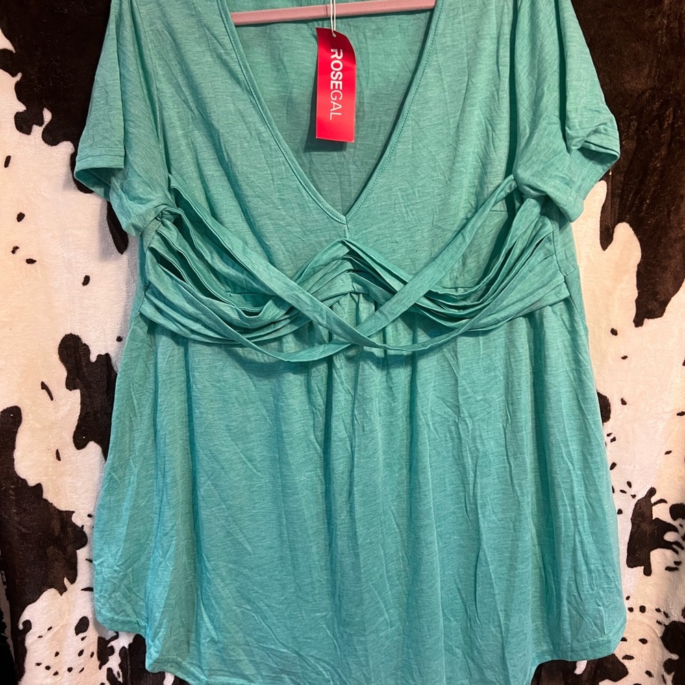 Rosegal Turquoise V-Neck Blouse